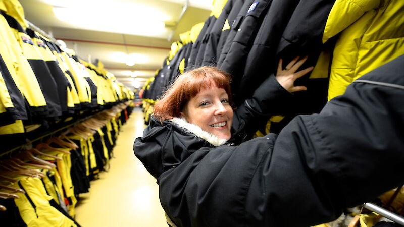 Jenny in the clothing store of the Antarctic Division.