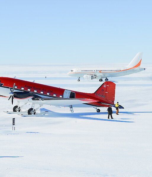 A Basler aircraft in the foreground, with A319 aircraft in the background
