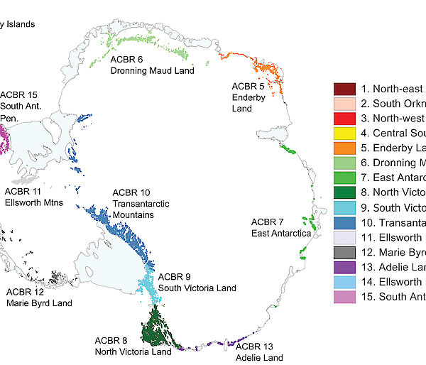 Map showing the 15 distinct Antarctic ecoregions.