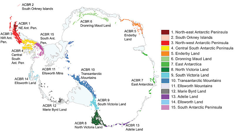 Map showing the 15 distinct Antarctic ecoregions.