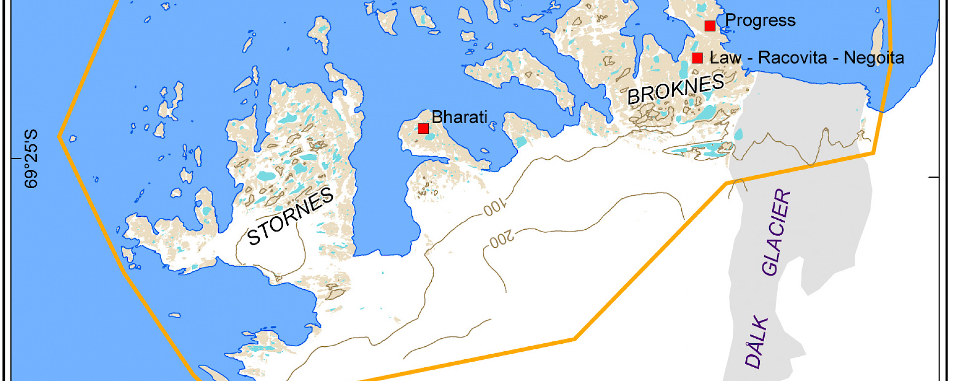 A map showing the area of the Larsemann Hills designated an Antarctic Specially Managed Area