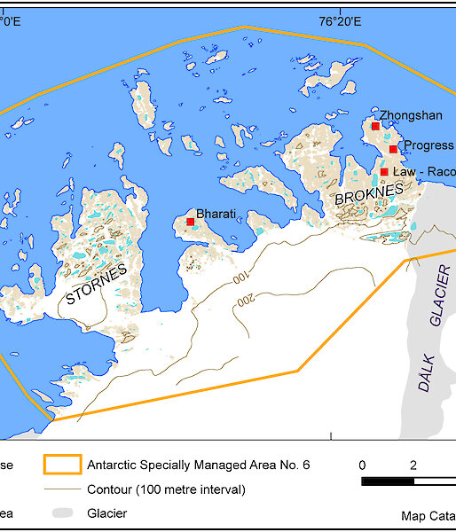 A map showing the area of the Larsemann Hills designated an Antarctic Specially Managed Area
