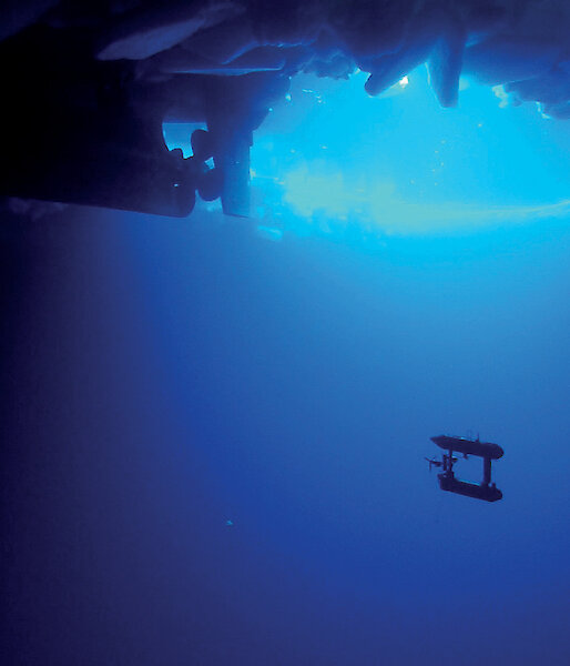 A view of the Autonomous Underwater Vehicle under the sea ice.