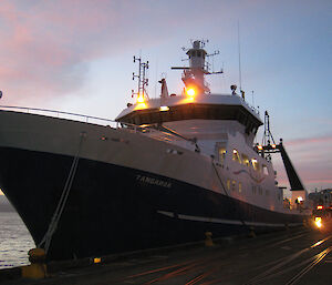 The vessel being used on the voyage, the Tangaroa, alongside Aotea Wharf in Wellington, New Zealand.