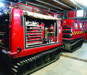 A hagglund carrying fire-fighting equipment in Antarctica.