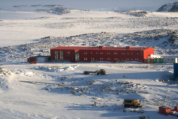 Aerial view of the Red Shed at Casey station.