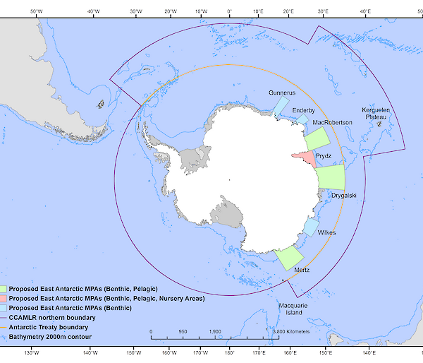 Map of Antarctica with marine protected areas marked out in lines