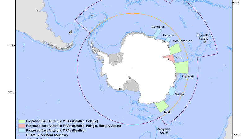 Map of Antarctica with marine protected areas marked out in lines