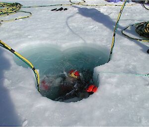 A diver prepares to submerge under the ice in Antarctica