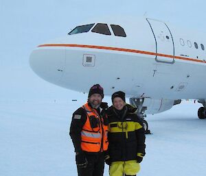 Wilkins runway manager, Jeff Hadley, with the Governor-General and the Airbus A319