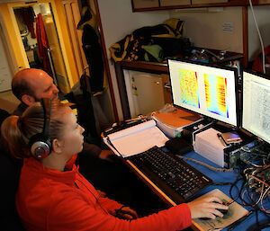 The acoustics team in the sound lab aboard the Amaltal Explorer