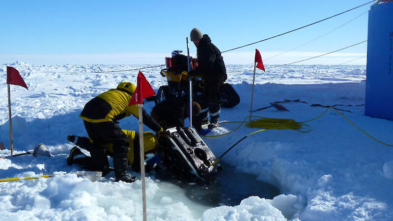 Scientists lower scientific equipment into a hole in the ice.