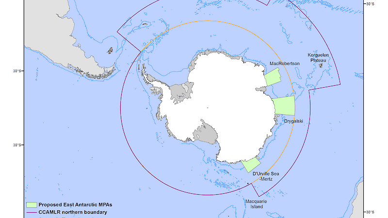 Map of Antarctica with marine protected areas marked out in lines