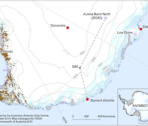 Map of the Aurora Basin site showing the traverse route from Dumont d'Urville station.