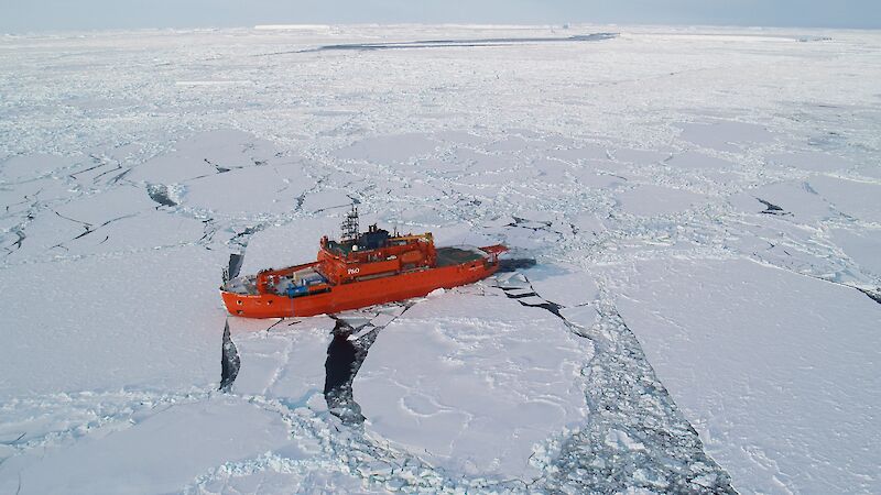 Aerial shot of the the ship surrounded by ice.