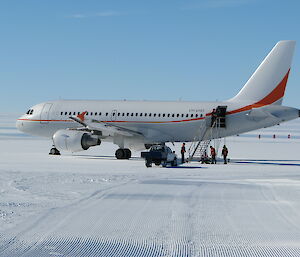 The A319 used to transport injured expeditioners is on a groomed ice runway