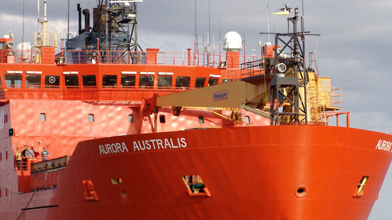 The bow of the red Aurora Australis in open water.