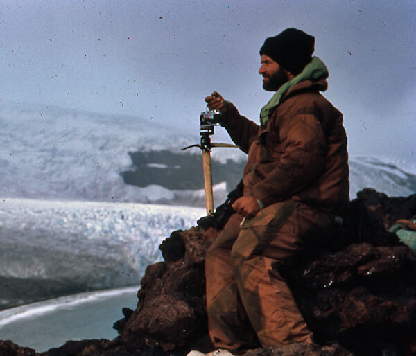 Jon Stephenson takes compass-controlled panoramas of retreating glaciers at Saddle Point, Heard Island, in February 1963