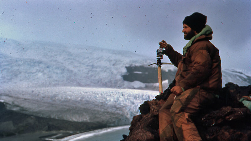 Jon Stephenson takes compass-controlled panoramas of retreating glaciers at Saddle Point, Heard Island, in February 1963