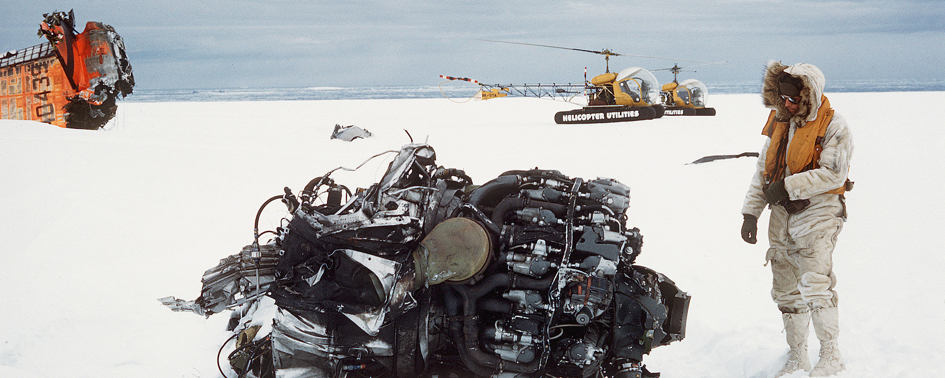 The remains of the Pratt and Whitney engine still visible on the ice a year after the accident