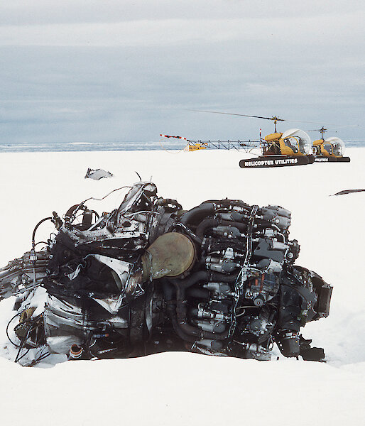 The remains of the Pratt and Whitney engine still visible on the ice a year after the accident