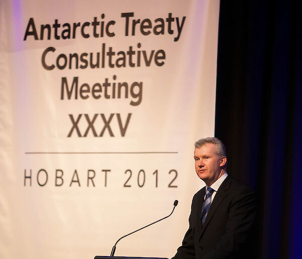 Environment Minister Tony Burke addressing the 35th Antarctic Treaty Consultative Meeting in Hobart