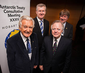 Former Australian Prime Minister Bob Hawke, Environment Minister Tony Burke, Chair ATCM 35 Richard Rowe and Director of the Australian Antarctic Division Tony Fleming at the 35th Antarctic Treaty Consultative Meeting in Hobart