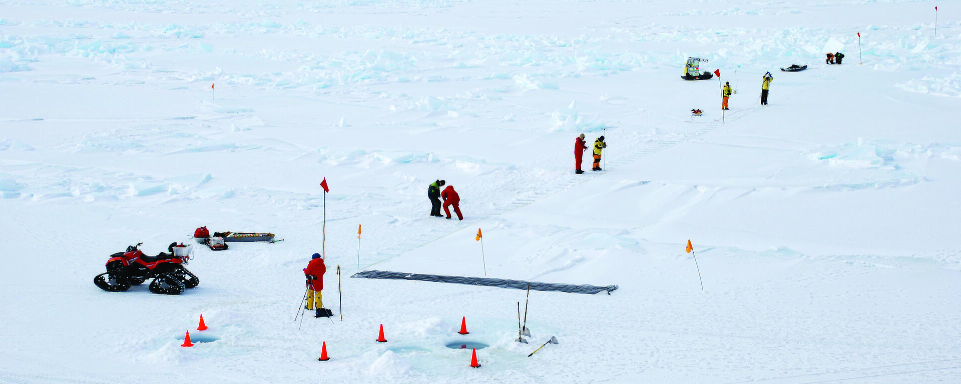 A small team of scientists put flags out on the sea ice to establish a 200m transect for scientific studies