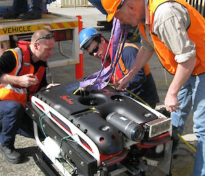 Australian Antarctic Division Marine Technicians testing a Remotely Operated Vehicle (ROV) in Hobart