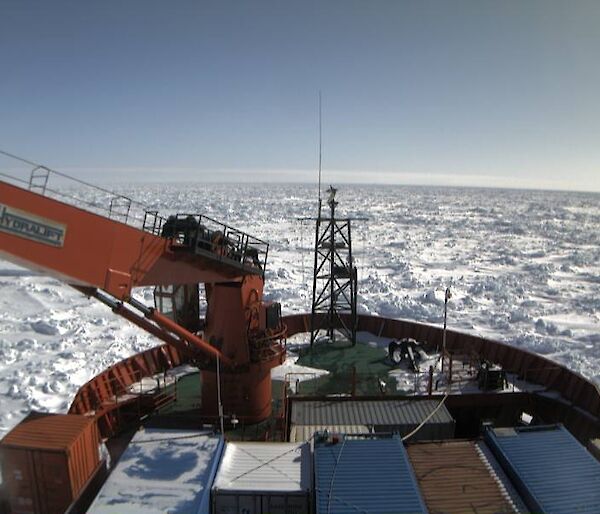 The view from the Aurora Australis webcam over the bow of the ship
