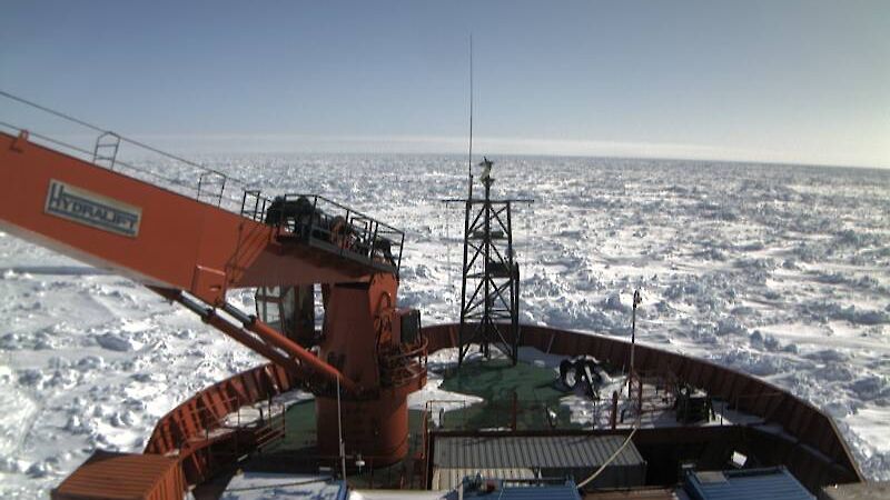 The view from the Aurora Australis webcam over the bow of the ship