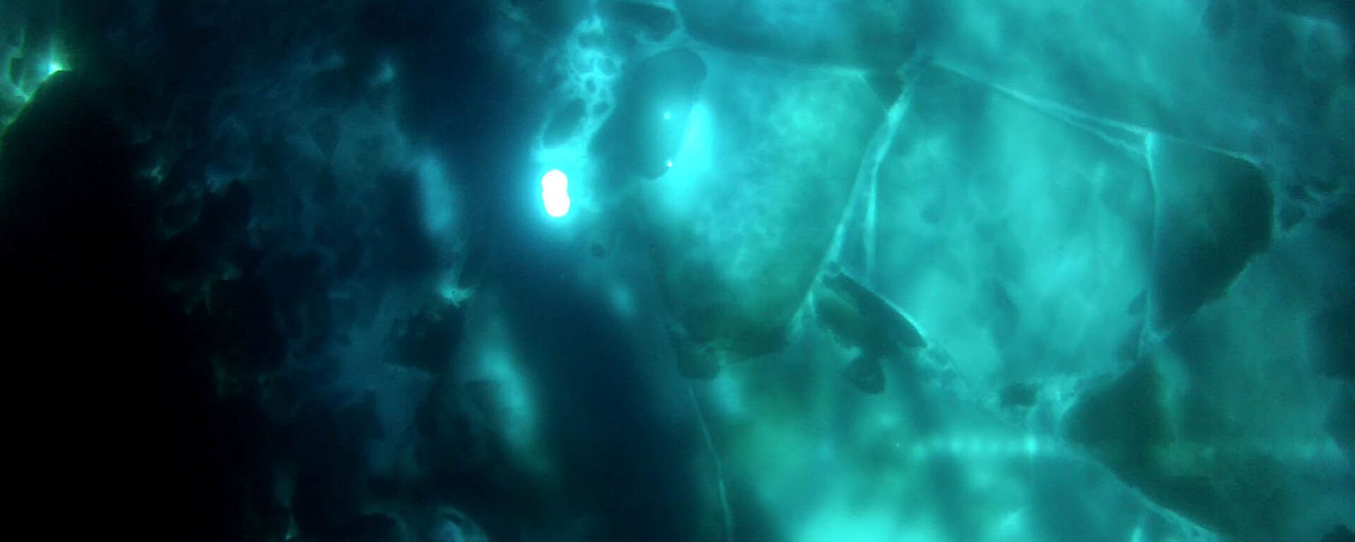 This under ice view shows the circular ROV hole and large sheets of ice. Towards the lower right of the image you can see a transect line where ice cores were taken – a line of small circles in the ice.