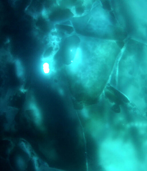 This under ice view shows the circular ROV hole and large sheets of ice. Towards the lower right of the image you can see a transect line where ice cores were taken – a line of small circles in the ice.