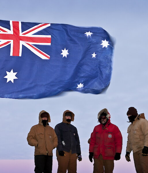 Mawson station expeditioners in winter twilight (Photo: Chris Wilson)