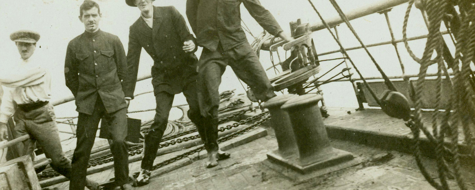 Xavier Mertz, H. Corner, Percy Gray and Belgrave Ninnis aboard the Aurora.