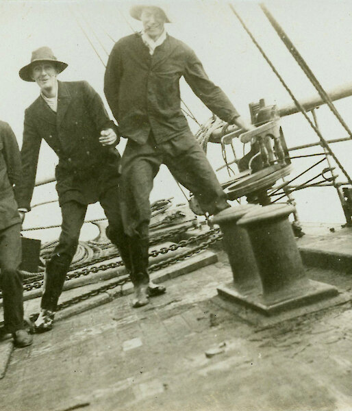 Xavier Mertz, H. Corner, Percy Gray and Belgrave Ninnis aboard the Aurora.