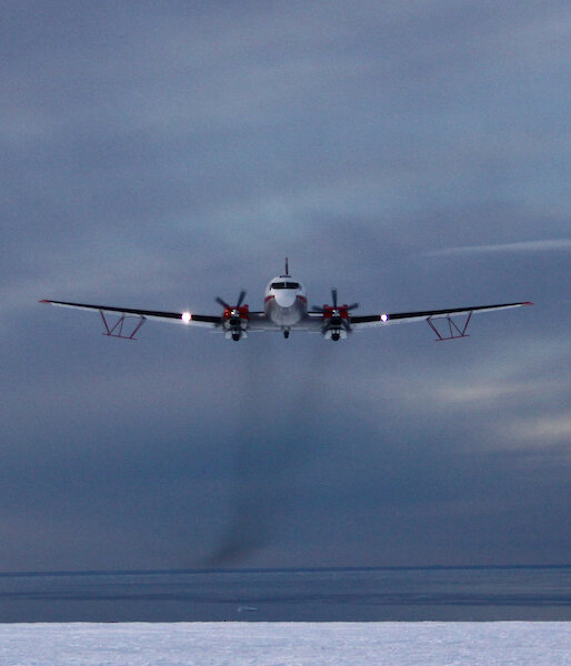 The Basler BT-67 aircraft with wing-mounted ice penetrating radar antennae.