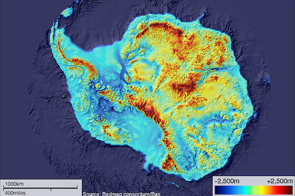 The digital map (BEDMAP-2) of the bedrock under the Antarctic ice sheet.