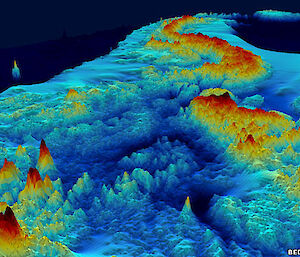 A close-up of part of BEDMAP2 showing mountain ranges and troughs underlying the Antarctic ice sheet.