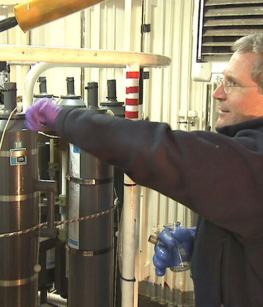 Oceanographer, Dr Steve Rintoul, working on the Conductivity Temperature and Depth (CTD) sensor on Australia’s Research Vessel Aurora Australis
