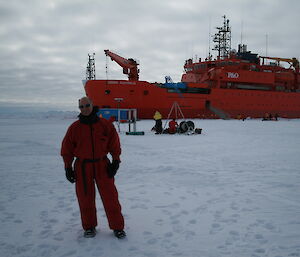 Murray Doyle on the sea-ice in front of the Aurora Australis