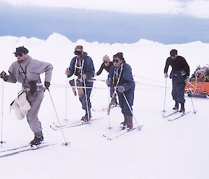 Phil Law leading a party manhauling a sledge to Lichen Island, Prydz Bay, in 1955.