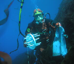 Dr Riddle diving off Casey station in Antarctica.