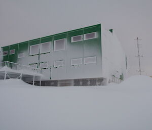 The new Davis Living Quarters crusted in snow