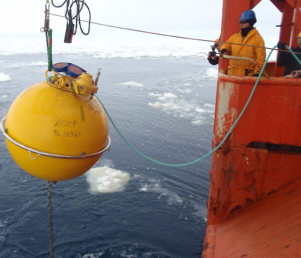 Deploying one of the large yellow buoys on a sub-surface mooring during a marine science voyage.