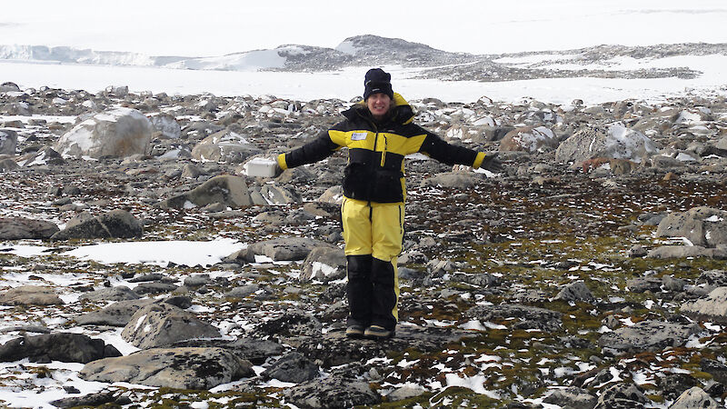 Professor Sharon Robinson in a moss bed near Casey station, East Antarctica