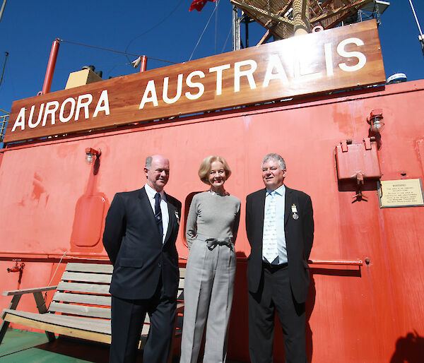 Captain Murray Doyle, the Governor-General Ms Quentin Bryce AC CVO and Dr Stephen Nicol aboard the Aurora Australis