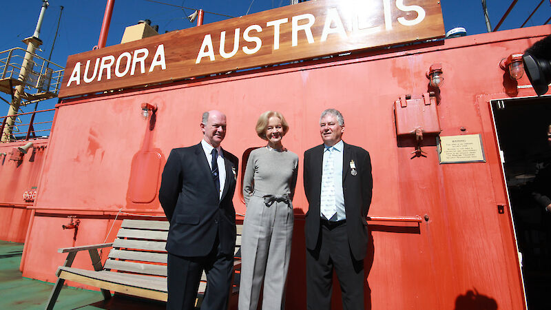 Captain Murray Doyle, the Governor-General Ms Quentin Bryce AC CVO and Dr Stephen Nicol aboard the Aurora Australis