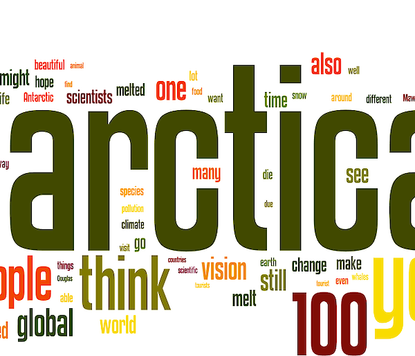 Tag cloud of words used by students in the Centenary competition. ‘Antarctica’ is the most used word.