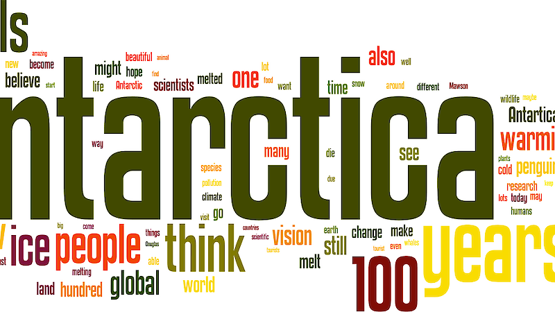 Tag cloud of words used by students in the Centenary competition. ‘Antarctica’ is the most used word.